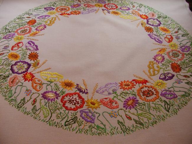 Stunning tablecloth with a gorgeous crown of embroidered summer flowers