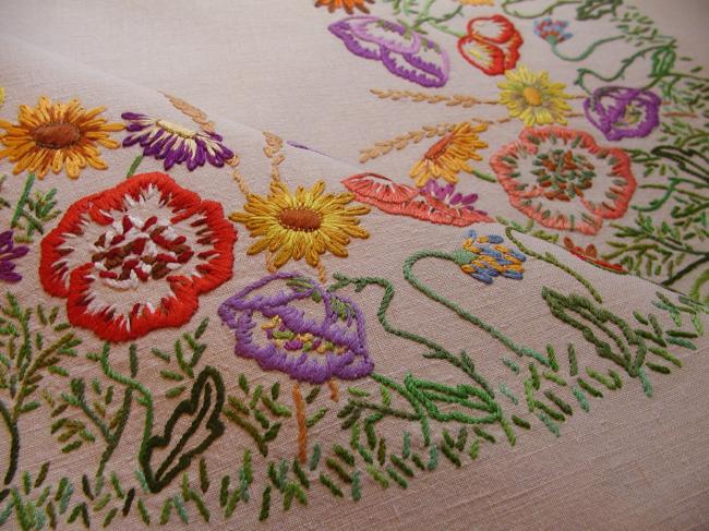 Stunning tablecloth with a gorgeous crown of embroidered summer flowers