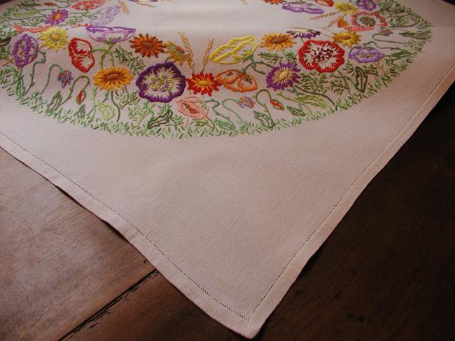 Stunning tablecloth with a gorgeous crown of embroidered summer flowers