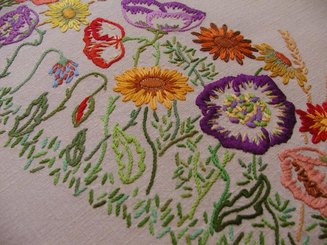 Stunning tablecloth with a gorgeous crown of embroidered summer flowers