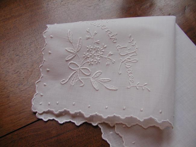 Gorgeous handmade white embroidery of flowers, Souvenir d'Alsace, 1910