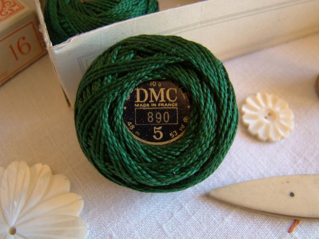 Ancienne Bobine de Coton perlé DMC, N°5, nuance 890 (vert Forêt noire), 10g