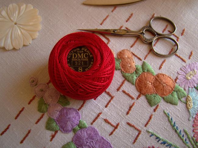 Ancienne Bobine de Coton perlé DMC, N°8, nuance 321 (rouge Carmin), 10g