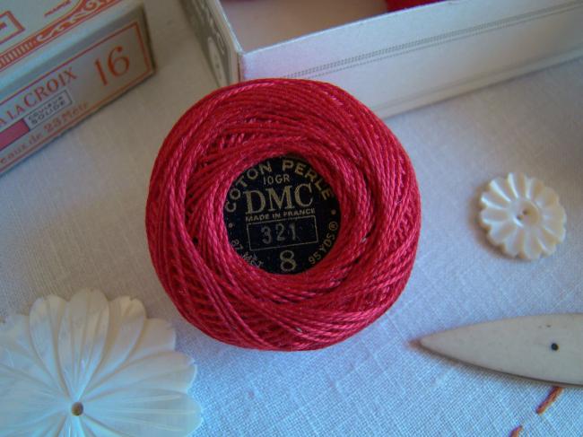 Ancienne Bobine de Coton perlé DMC, N°8, nuance 321 (rouge Carmin), 10g