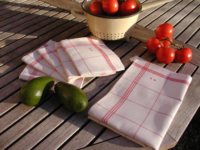 Gorgeous set of 6 torchons tea-towels in white&red with monogramm GB