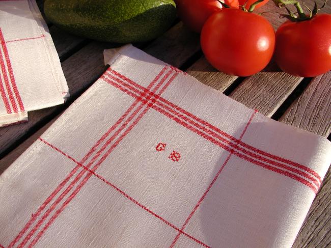 Gorgeous set of 6 torchons tea-towels in white&red with monogramm GB