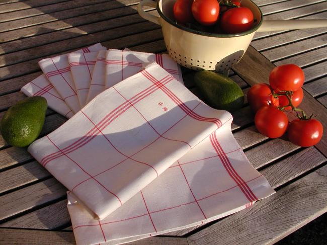 Gorgeous set of 6 torchons tea-towels in white&red with monogramm GB