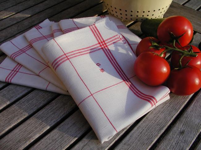 Gorgeous set of 6 torchons tea-towels in white&red with monogramm GB