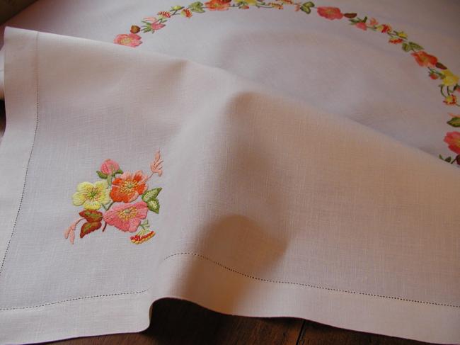 Really striking tablecloth with hand-embroidered nasturtium flowers