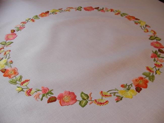 Really striking tablecloth with hand-embroidered nasturtium flowers