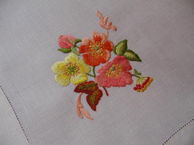 Really striking tablecloth with hand-embroidered nasturtium flowers