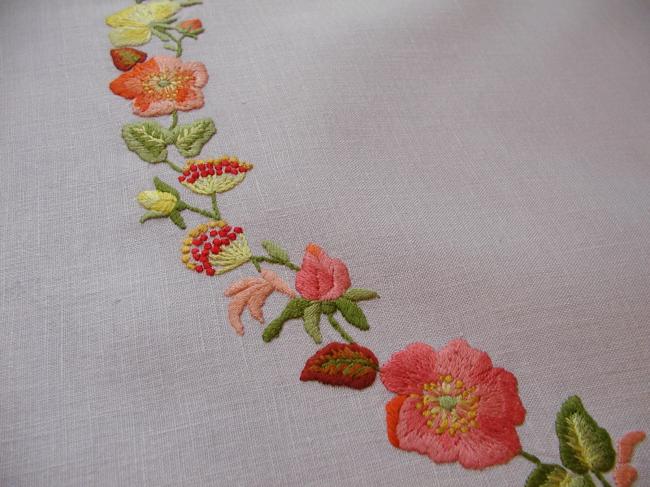 Really striking tablecloth with hand-embroidered nasturtium flowers