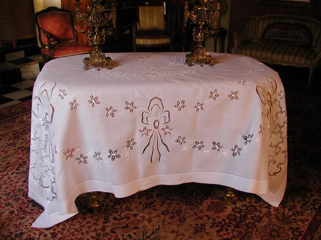 Exceptional large tablecloth with handmade embroidered grapefruits & vine leaves