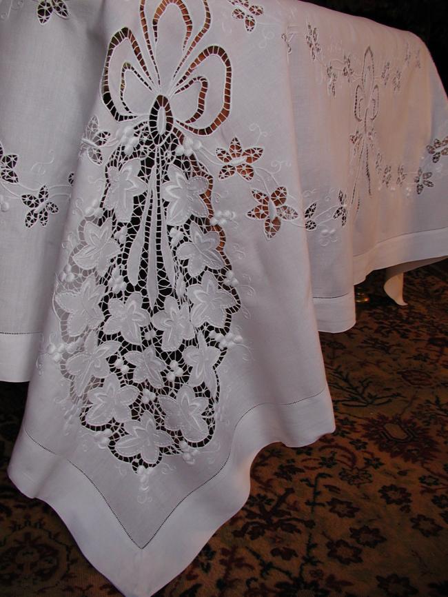 Exceptional large tablecloth with handmade embroidered grapefruits & vine leaves