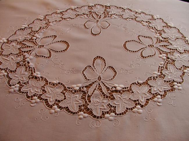 Exceptional large tablecloth with handmade embroidered grapefruits & vine leaves