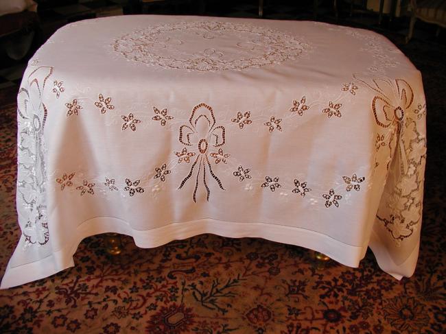 Exceptional large tablecloth with handmade embroidered grapefruits & vine leaves