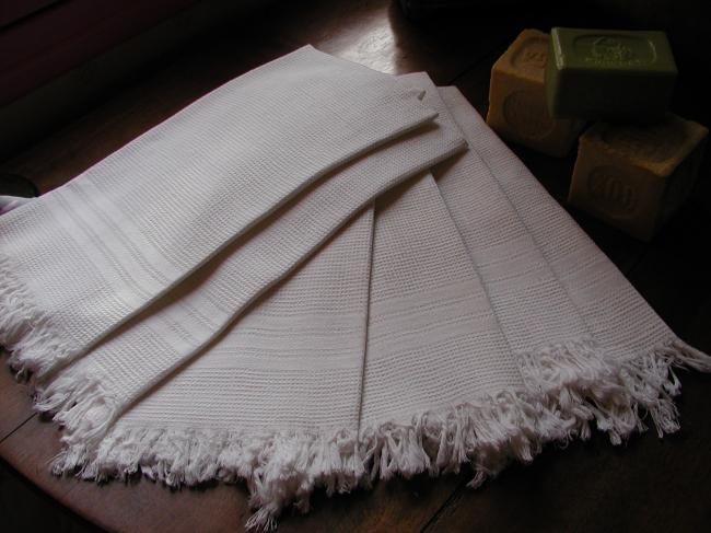 Set of 6 long white cotton huckabacks with fringes and nid d'abeille pattern