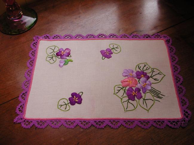 Lovely colourful rectangular doily with handmade embroidered violets