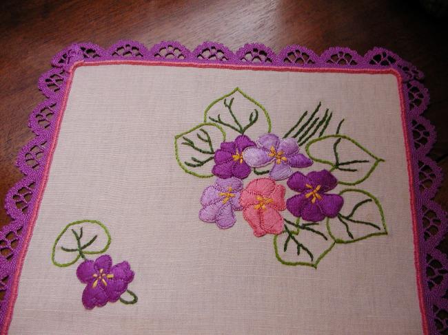 Lovely colourful rectangular doily with handmade embroidered violets