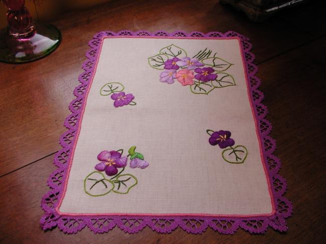 Lovely colourful rectangular doily with handmade embroidered violets