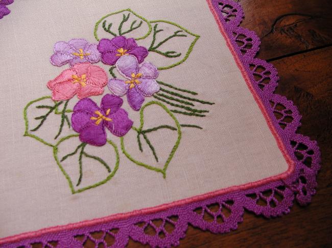 Lovely colourful rectangular doily with handmade embroidered violets