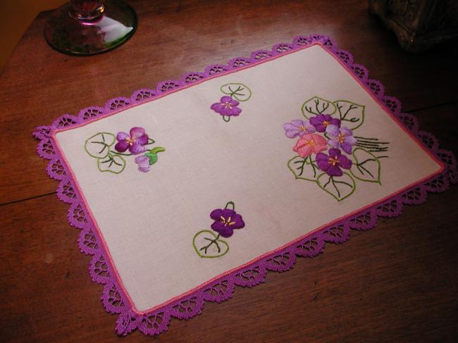 Lovely colourful rectangular doily with handmade embroidered violets