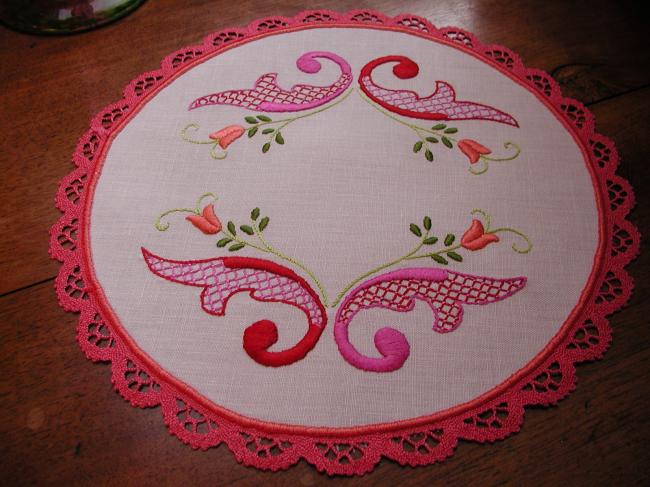 Wonderful and very colourful oval doily with handmade embroidery