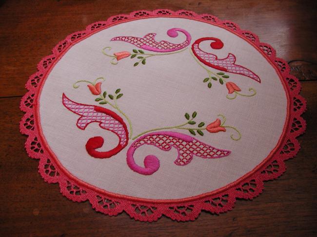 Wonderful and very colourful oval doily with handmade embroidery