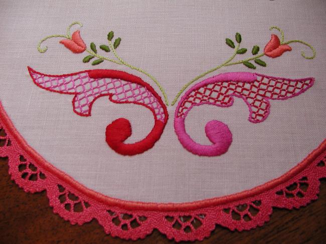 Wonderful and very colourful oval doily with handmade embroidery