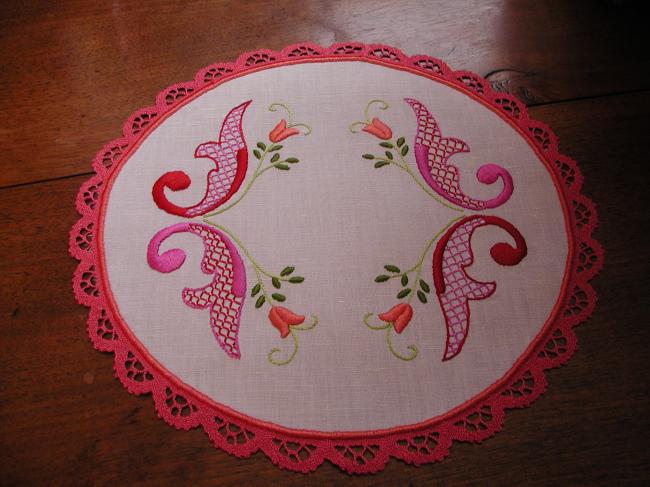 Wonderful and very colourful oval doily with handmade embroidery