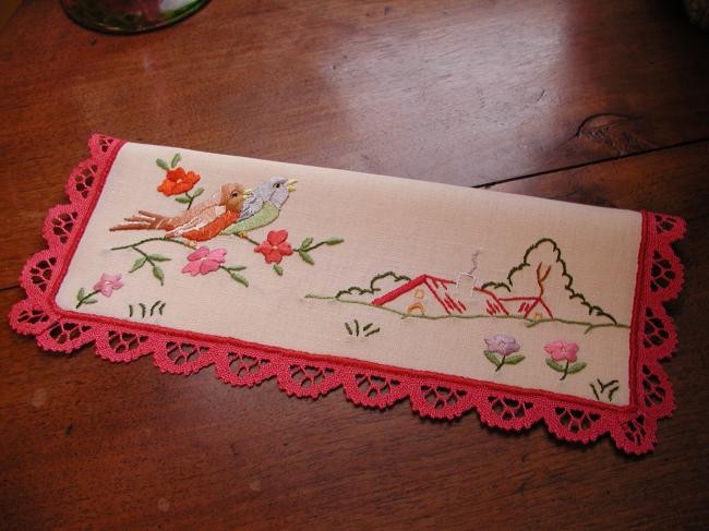 So sweet napkin case with handmade colourful embroidered birds and small houses