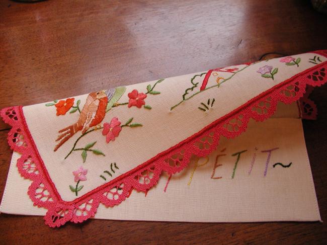 So sweet napkin case with handmade colourful embroidered birds and small houses