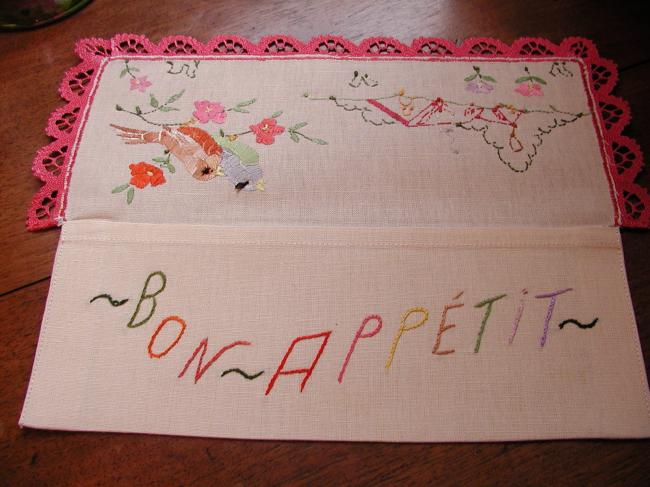 So sweet napkin case with handmade colourful embroidered birds and small houses