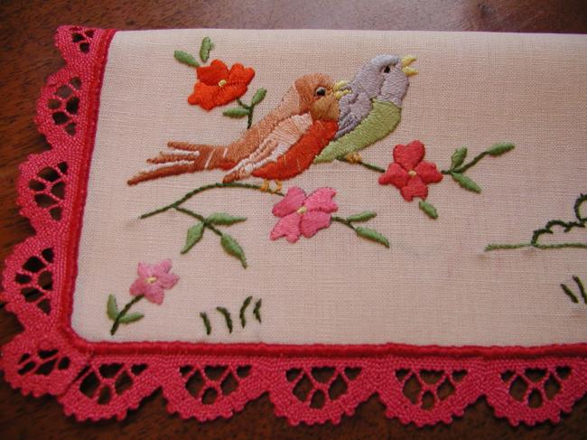 So sweet napkin case with handmade colourful embroidered birds and small houses