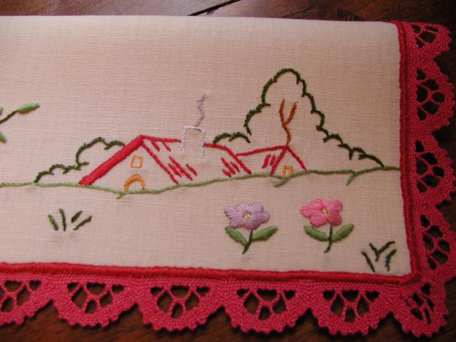 So sweet napkin case with handmade colourful embroidered birds and small houses