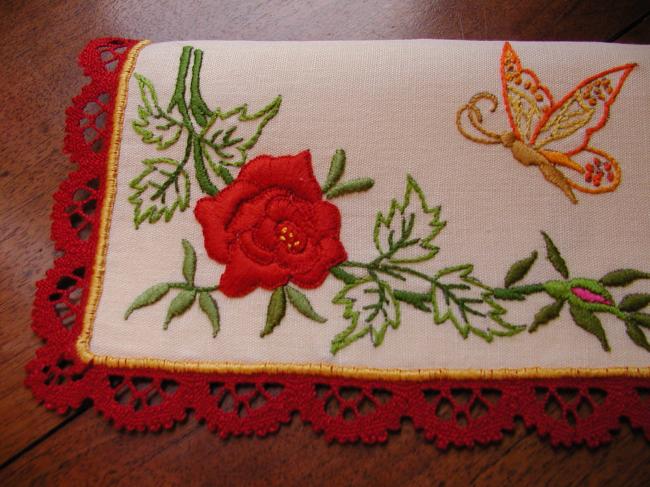 So pretty napkin case with hand-embroidered butterfly and red rose