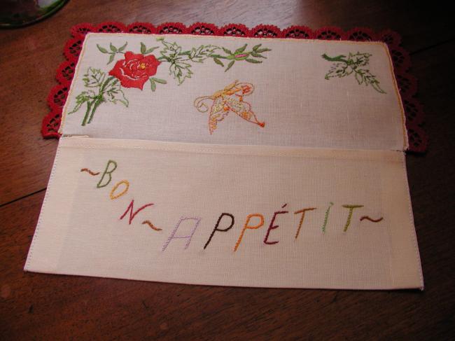 So pretty napkin case with hand-embroidered butterfly and red rose