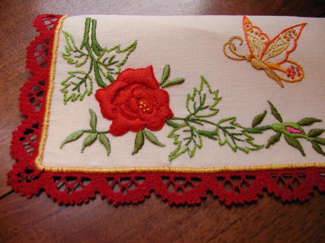 So pretty napkin case with hand-embroidered butterfly and red rose