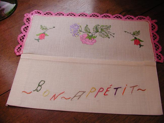 So romantic napkin case with hand-embroidered spring flowers and blooming roses