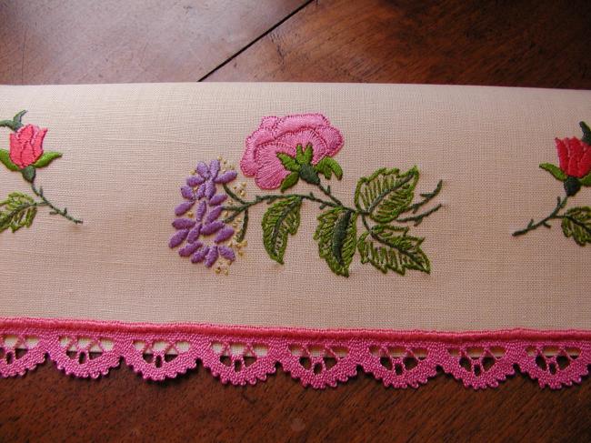 So romantic napkin case with hand-embroidered spring flowers and blooming roses
