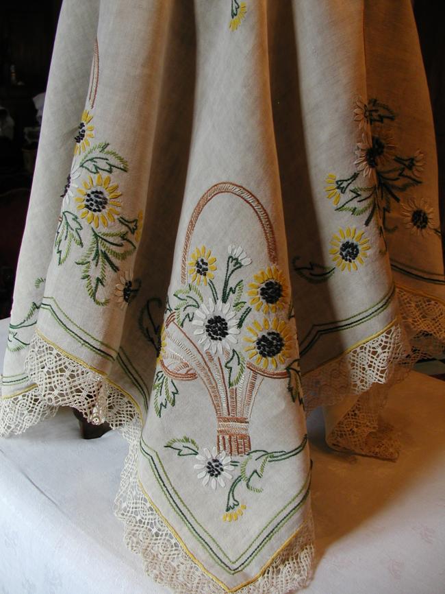 Gorgeous tablecloth with hand-embroidered ribbons baskets of sunflowers 1930