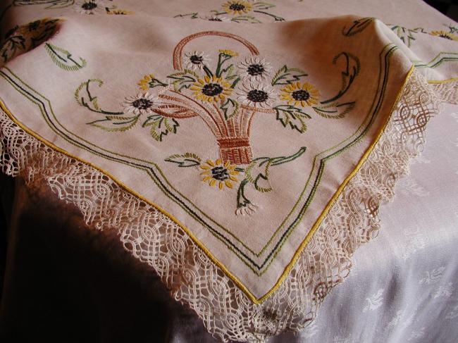 Gorgeous tablecloth with hand-embroidered ribbons baskets of sunflowers 1930