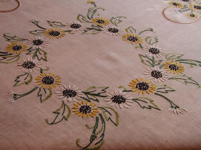 Gorgeous tablecloth with hand-embroidered ribbons baskets of sunflowers 1930