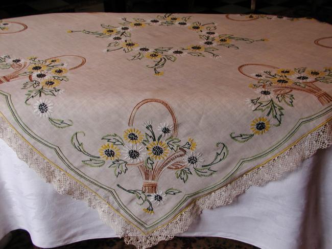 Gorgeous tablecloth with hand-embroidered ribbons baskets of sunflowers 1930