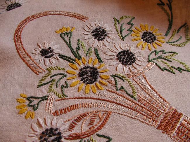 Gorgeous tablecloth with hand-embroidered ribbons baskets of sunflowers 1930