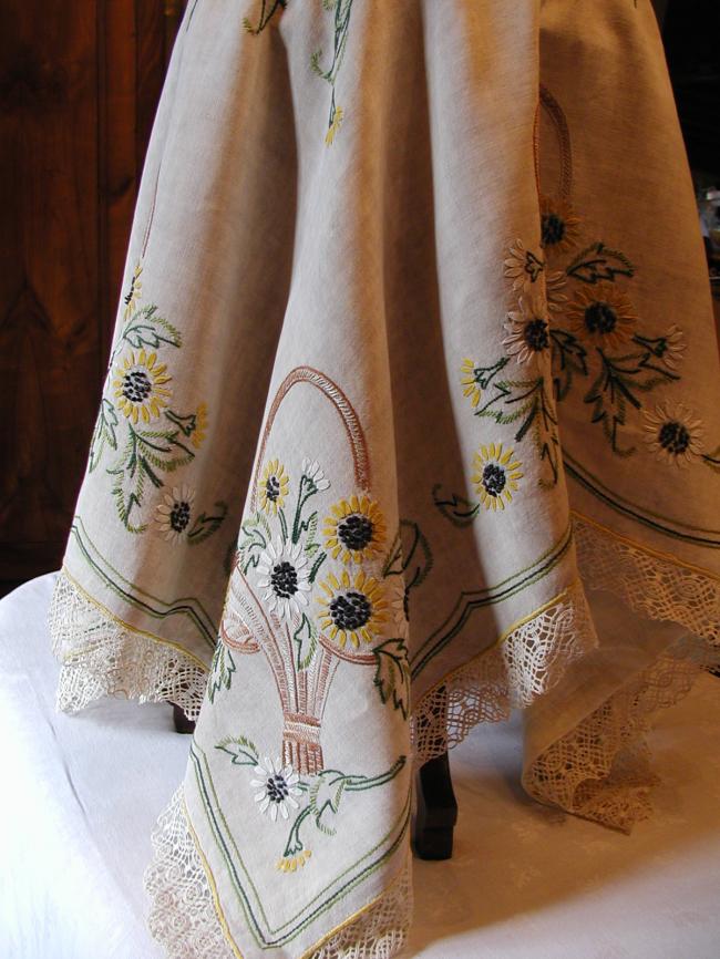 Gorgeous tablecloth with hand-embroidered ribbons baskets of sunflowers 1930