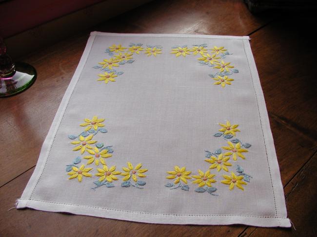 Charming tray cloth with  hand-embroidered automn daisies in yellow color