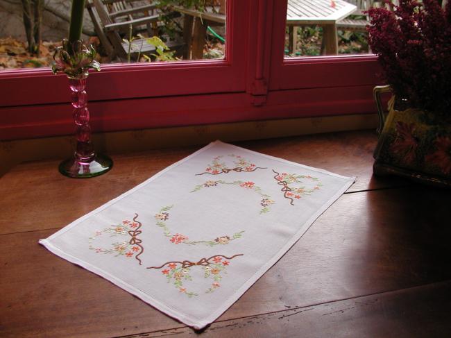 So romantic tray cloth with hand-embroidered flowers and ribbons