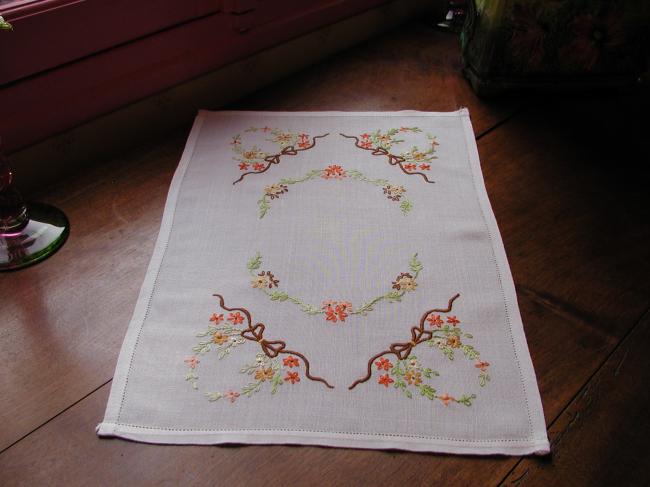 So romantic tray cloth with hand-embroidered flowers and ribbons