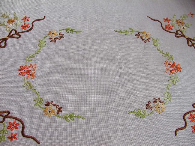 So romantic tray cloth with hand-embroidered flowers and ribbons
